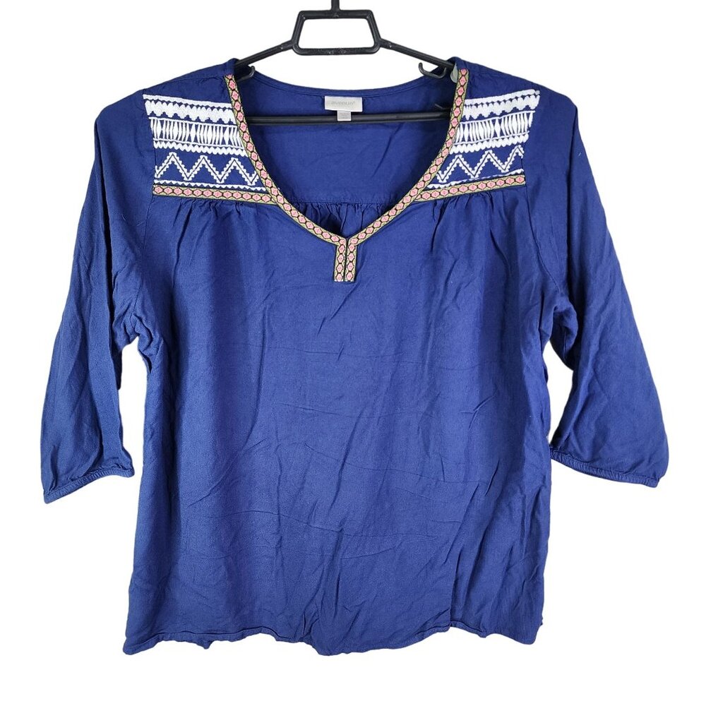 Women's Blue Avenue Embroidered Top Bouse 3/4 Sleeve 3/4 Sleeve Size 18/20